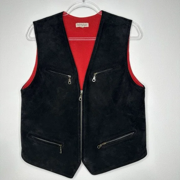 Vtg Ann Taylor Vest Full Zip Leather Size M Black Suede Fleece Lined - Picture 2 of 11